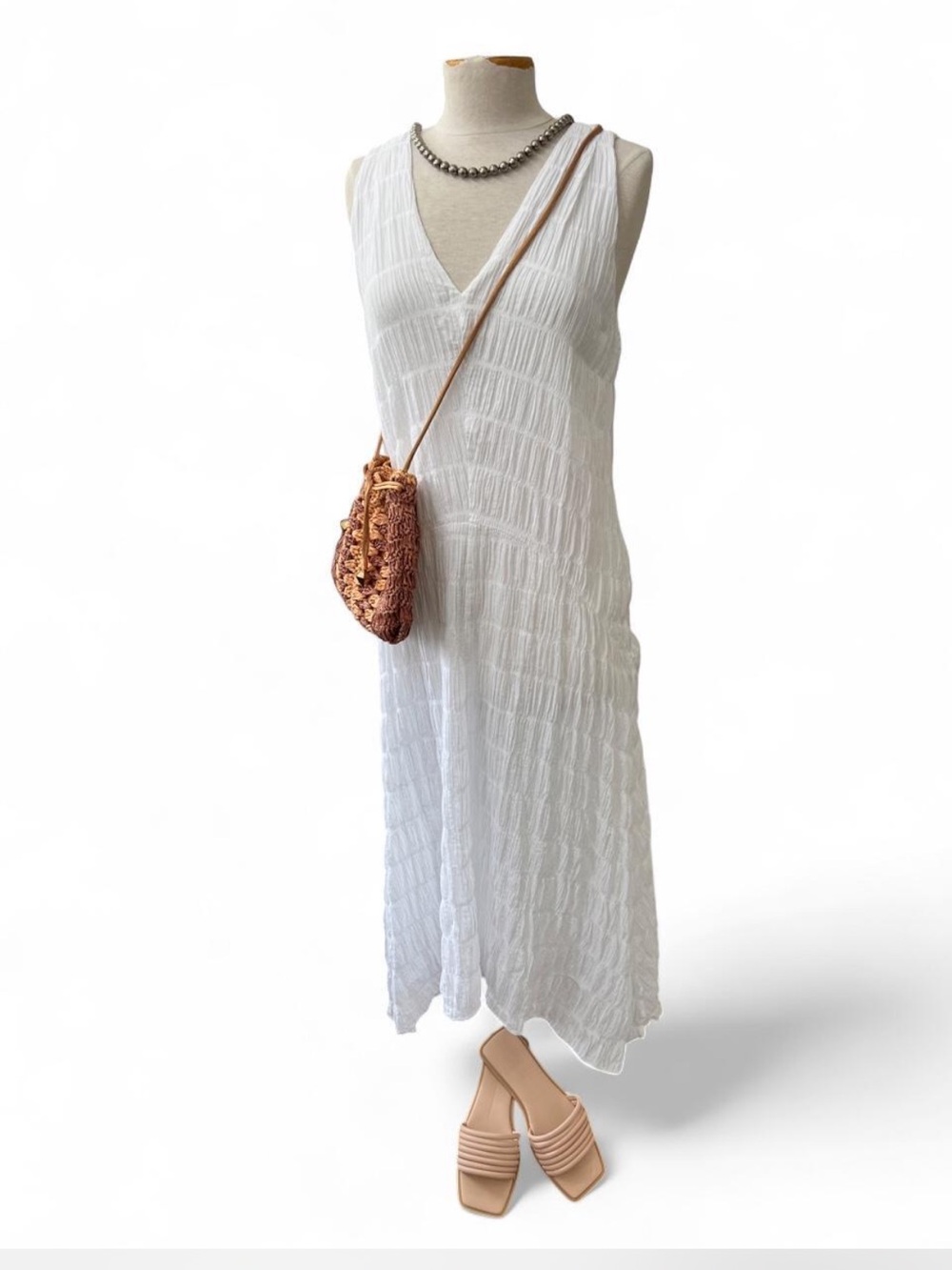 FRAME Savannah Shirred Poplin Crinkle V-Neck Asymmetrical Maxi White Dress Med
